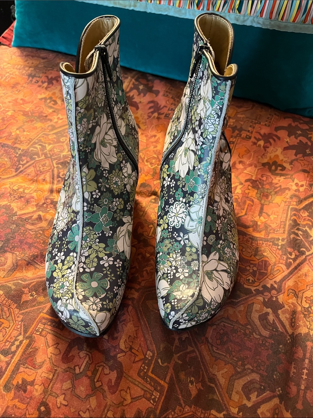 John Fluevog Floral Green & White on Black Ankle Boots with Button Accents - Picture 4 of 7